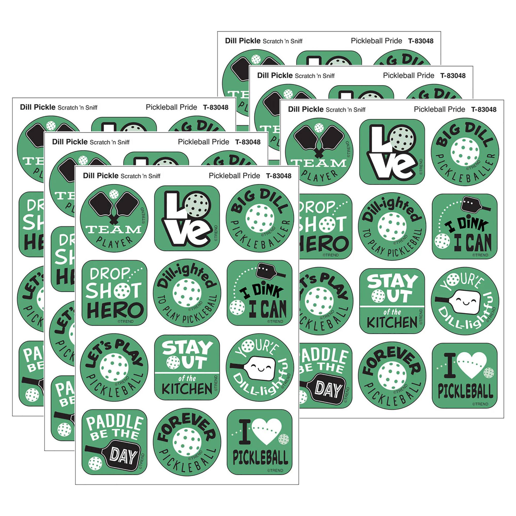 TREND Enterprises® Pickleball DILL-ight, Dill Pickle Scent Scratch n Sniff Stinky Stickers®, 1.25" 6 Packs of 48